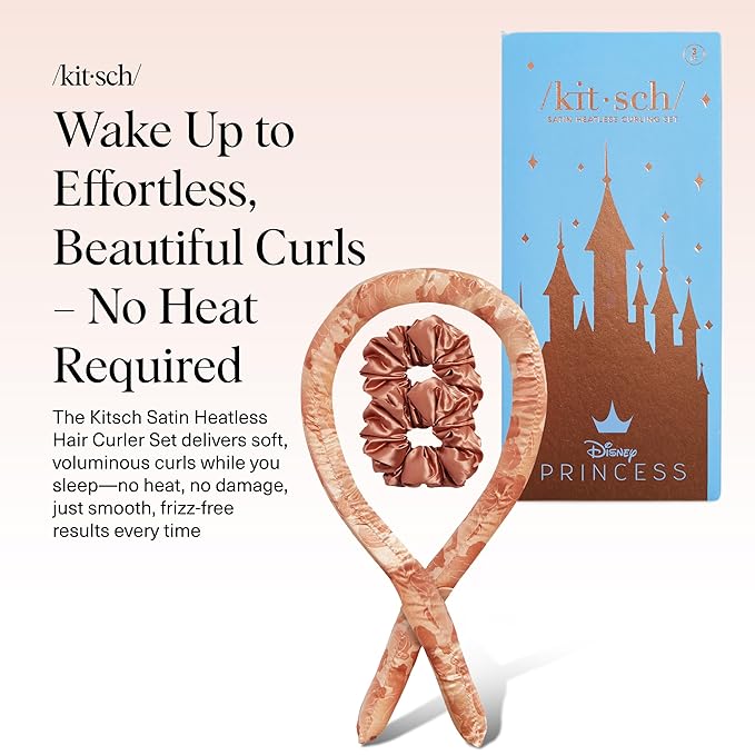 Disney & Kitsch Satin Heatless Hair Curler Set - Heatless Curls Overnight with Hair Curler & 2 Satin Scrunchies - Hair Curlers to Sleep in for Overnight Curls - Overnight Blowout Rods - Princess Party