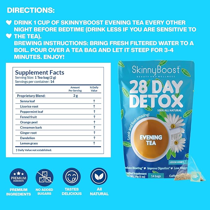 Skinny Boost Detox Tea Kit-Slimming Tea for Weight, Metabolism, Energy, Bloating & Colon Cleanse – Green Tea, Herbal, Vegan, Keto, Non-GMO, Sugar-Free-2 PACK –1 Daytime (28 Bags) + 1 Evening -(14 Bags)