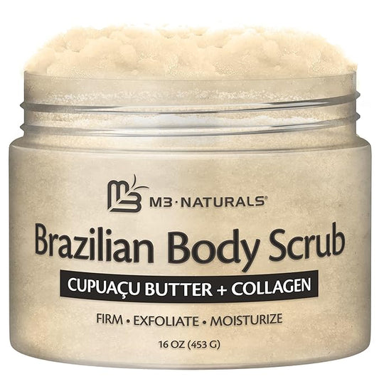 Firming & Moisturizing Brazilian Body Scrub for Body, Hands & Feet, Gentle Body Exfoliator with Cupuacu Butter, Jojoba Oil & Collagen, 16 oz (453 g) by M3 Naturals