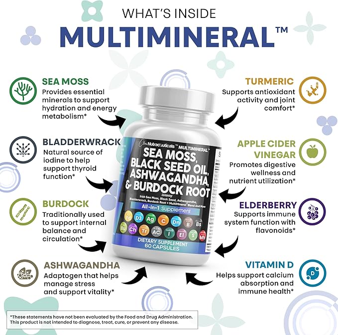 Clean Nutraceuticals Sea Moss Black Seed Oil Ashwagandha Turmeric Bladderwrack Burdock & Vitamin C Vitamin D3 with Elderberry Manuka Dandelion Yellow Dock Iodine Chlorophyll ACV