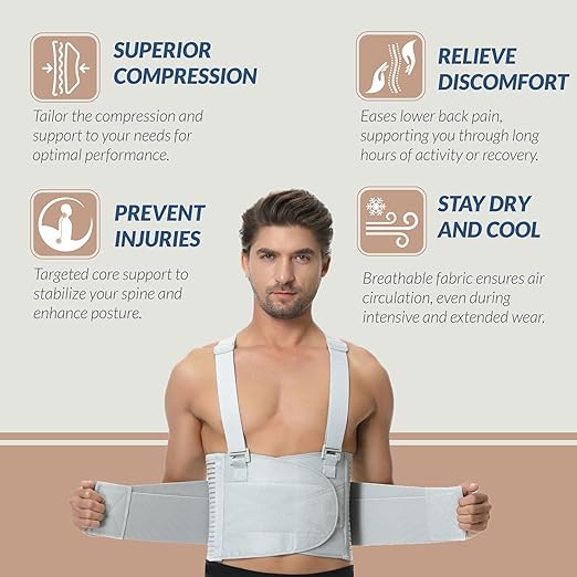 NeoTech Care Back Brace with Suspenders for Work - Industrial Lifting Safety, Elastic Compression, Hook & Loop Closure (Gray, Size XXL)
