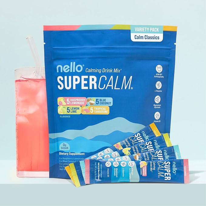 Nello Supercalm Powdered Drink Mix, Cortisol Reducer* and Sleep Aid Supplement, L Theanine, Ksm-66 Ashwagandha, Magnesium Glycinate, Vitamin D 3, No Sugar, Non GMO, On The Go, 20 Ct, Variety Pack