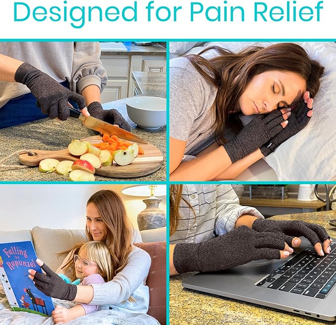 Vive Rheumatoid Arthritis Gloves - Men and Women Fingerless Compression Wrap for Hand Pain and Osteoarthritis - Black Hand Wrap for Arthritic Joint Symptom Relief - Open Finger Fit (X-Small)