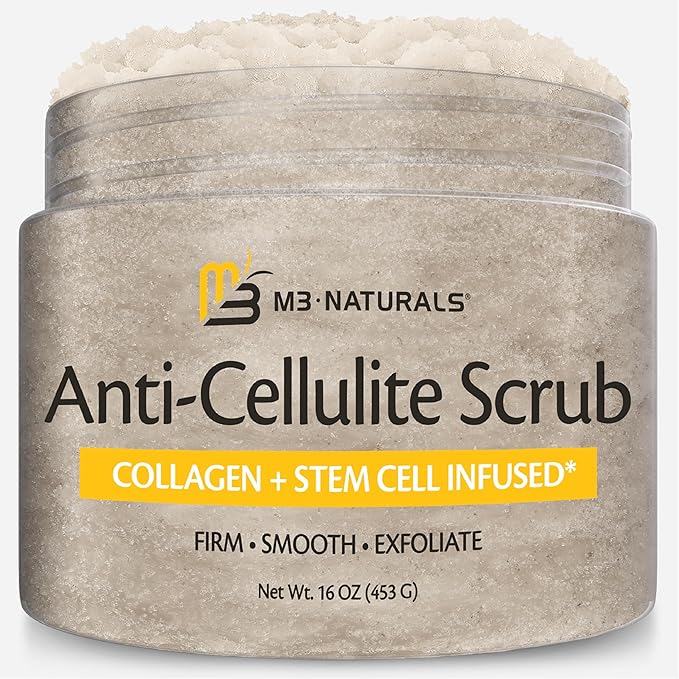 Anti-Cellulite Body Scrub for Skin Tightening, Firming, Moisturizing & Smoothing, Exfoliating Formula for Legs, Glutes, Hands & Feet with Stem Cells, Collagen, Coconut & Jojoba Oil, 16oz - M3 Naturals
