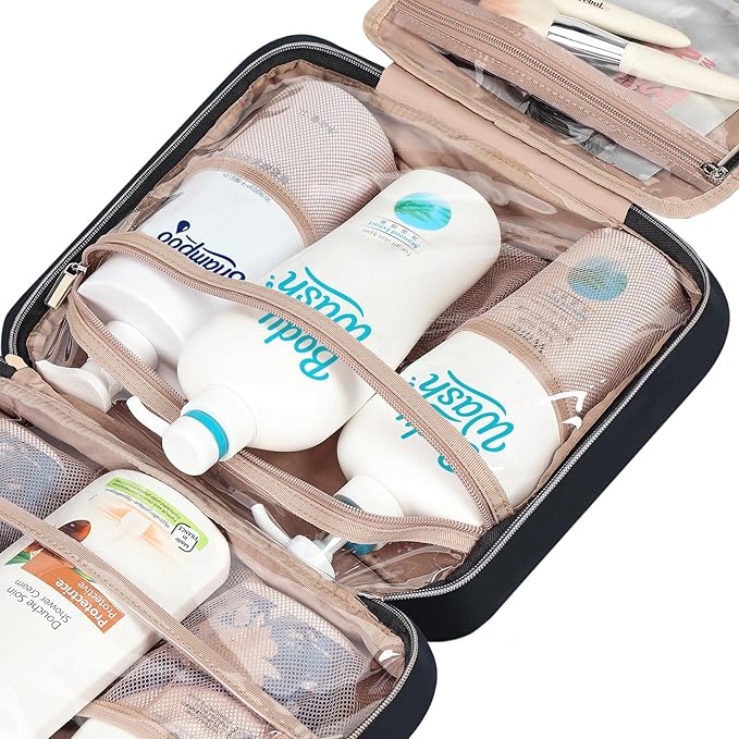 NISHEL Travel Toiletry Bag for women, Portable Hanging Organizer for Family-Sized Shampoo, Conditioner, Brushes Set, Makeup Accessories, Extra Large Size, Black