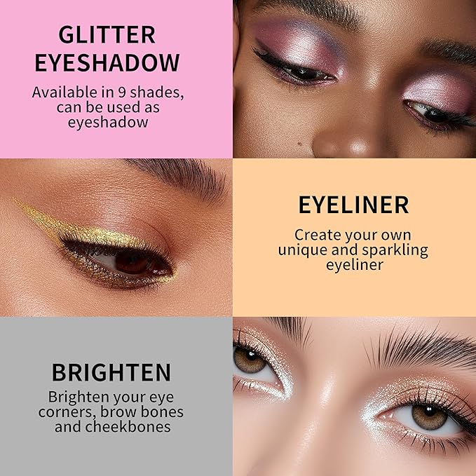 QIC Liquid Glitter Eyeshadow, Metallic & Shimmer Finish, Long Lasting, Non-Creasing, Smudge-proof, Lightweight Formula Liquid Eyeshadow for All Skin Tones, Buildable Color (04 Sunset)