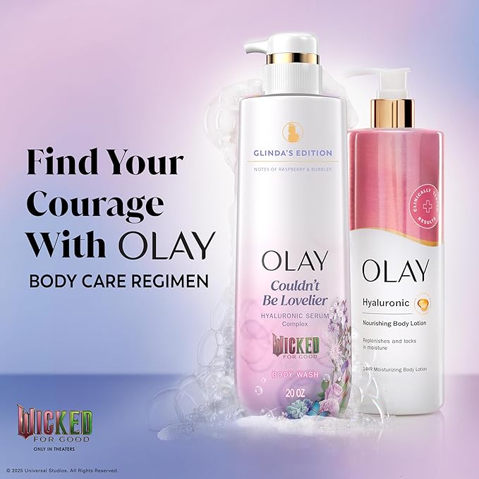 Olay Body Wash for Women, Couldn't Be Lovelier Glinda's Edition, Intensely Hydrating & Renewing, Pro-Hyaluronic Acid Serum with Vitamin B3, For All Skin Types, Raspberry & Bubbles Scent, 20 fl oz