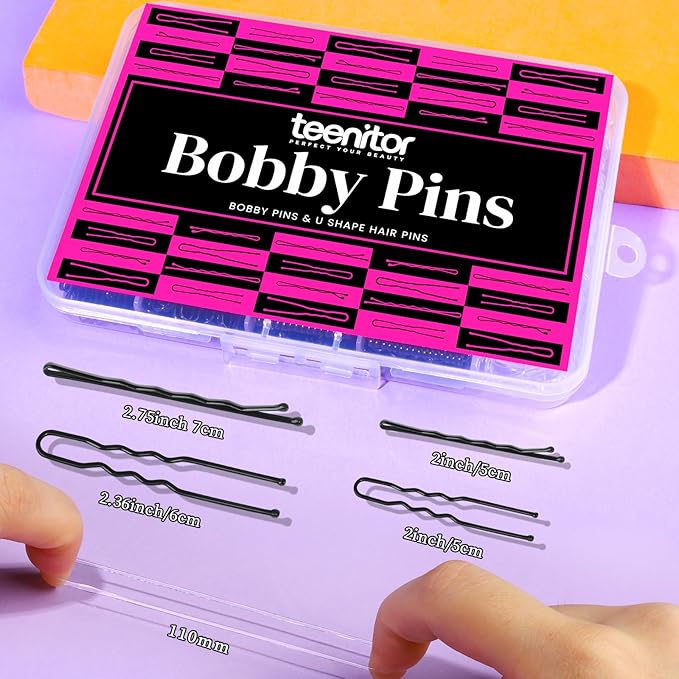 Teenitor 300pcs Hair Pins Bobby Pins Black, 100 Black Bobby Pins 2" 2.75"100 Hair Pins for Women and 100 Clear Hair Bands Kit, U Pins for Buns 2" 2.36"