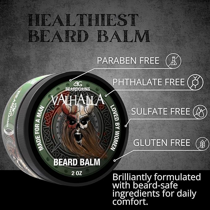 Beard Gains Medium Butter Hold Scented Balm for Men 2oz | Valhalla Luxury Vikings Conditioner | Style, Groom & Grow Facial Hairs W/Organic and Natural Product | MADE IN USA