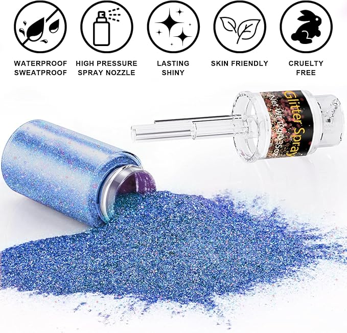 Hair and Body Glitter Spray, 1PC Glitter Hairspray Dry Powder Makeup for Clothes, Festival Rave Prom Loose Sparkle Powder,Holographic Ultra Fine Resin Glitters for Crafts (1PC Blue)