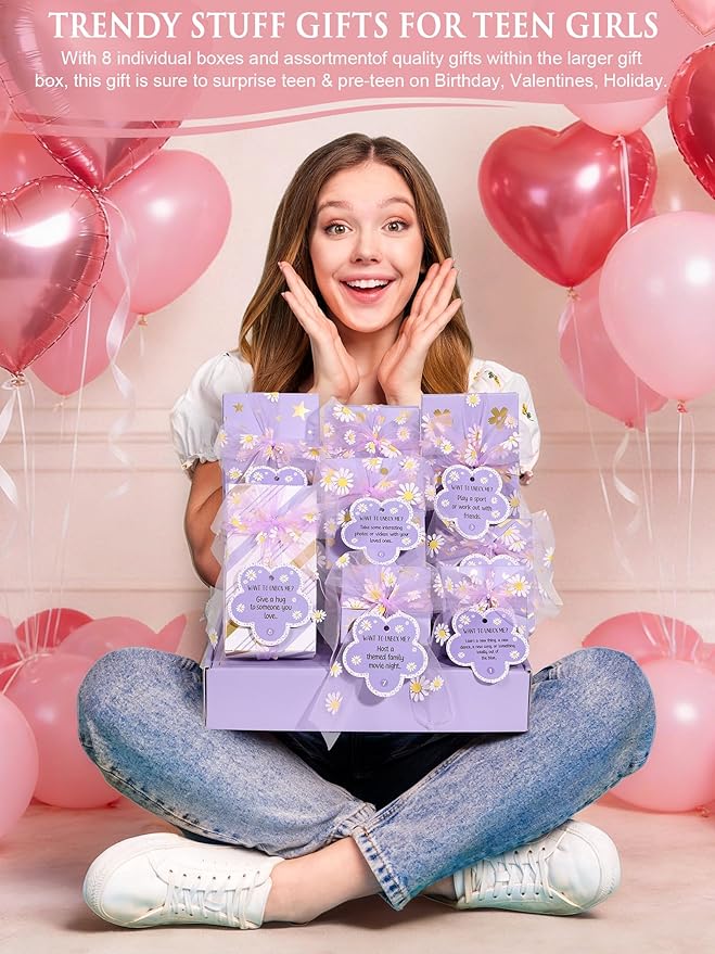 Valentines Day Gifts for Tween & Teen Girls - 8 PCS Birthday Gift Basket Teenage Girl Gifts Trendy Stuff w/ Fun Task Tags Makeup Brushes & Bag, Empower Positive Wrapped Gift Box for Daughter Niece