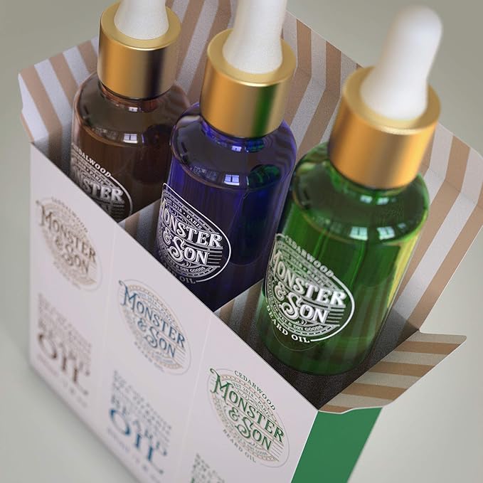 Monster&Son Cold Pressed Beard Oil Variety Pack x3 - Helps to Hydrate, Style and Promote New Hair Growth - Rich in Vitamins & Minerals - Jojoba, Argan & Meadowfoam Oils - Ideal Gift for Bearded Men
