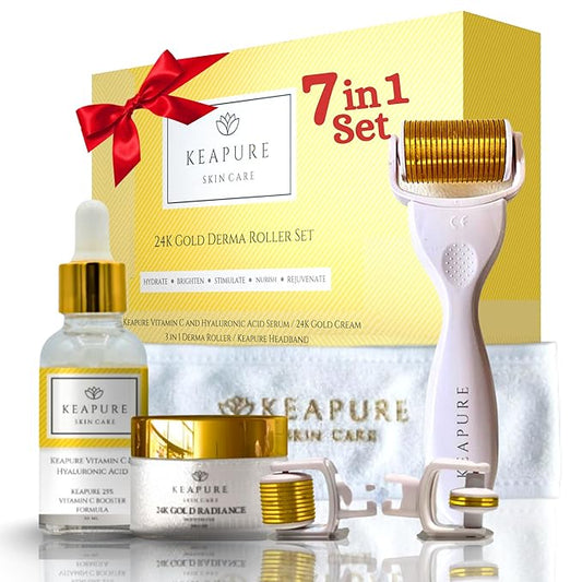 Derma Roller Kit for Face, Body, Stretch Marks - Skin Care Kit 540 Microneedle Roller Heads 180-Eyes, 600-Face,1200-Body | 30gm Moisturizing Cream and 25% Vitamin C Serum | Microneedling Roller Set