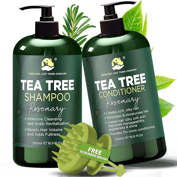 Rosemary Shampoo and Conditioner Set Infused with Tea Tree & Rosemary Oils for Scalp Relief and Hair Growth | Sulfate Free, Soothes Dry Scalp, Boosts Shine + Free Scalp Brush | 16.9 fl oz