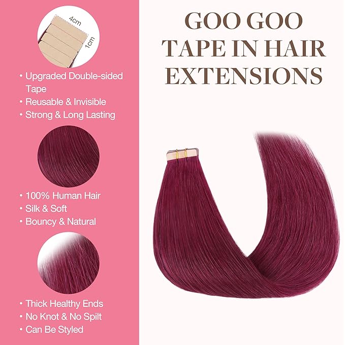 GOO GOO Tape in Hair Extensions Human Hair, Burgundy, 22inch 50g 20pcs, Skin Weft Seamless Invisible, Silky Straight with Thick Ends, Remy Human Hair