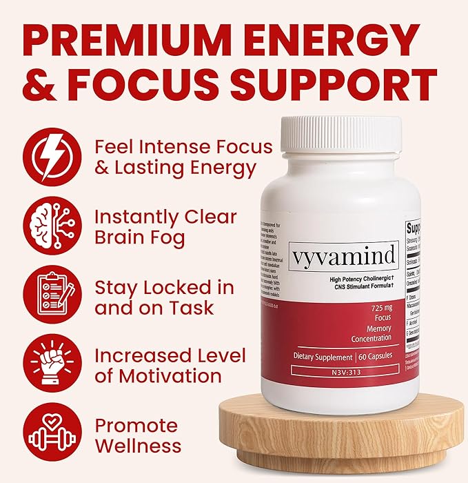vyvamind Neurostimulant + Focus Aid Nootropic for Enhanced Concentration & Mental Clarity, Brain Support with Caffeine L-Theanine, Fast-Acting Cognitive Boost, 60 Capsules