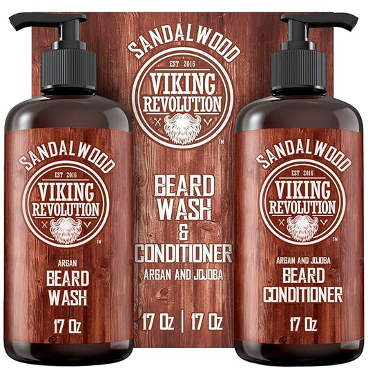 Viking Revolution Beard Wash & Beard Conditioner Set with Argan & Jojoba Oils - Softens and Strengthens - Natural Sandalwood Scent - Beard Shampoo with Beard Oil (17 oz)