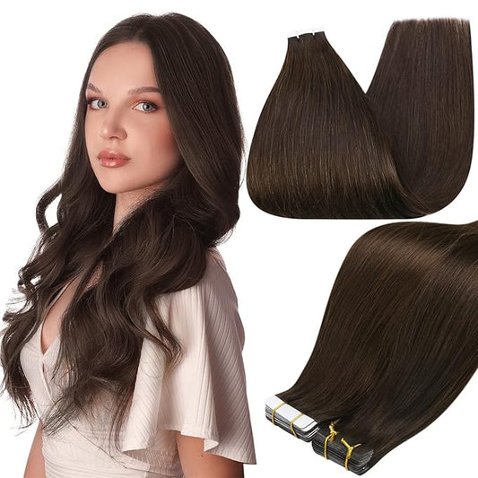 Full Shine Hair Extensions Real Human Hair Tape in Seamless Remy Extension Color 2 Dark Brown Tape in Extensions Lightweight Invisible Skin Weft 18Inch 100G 40Pcs Cuticles Aligned