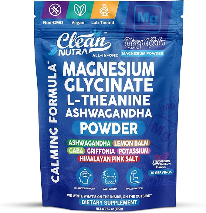 Magnesium Glycinate Powder Supplement + L Theanine Ashwagandha Glycine Apigenin Lemon Balm GABA 5HTP Pink Salt Potassium L Tryptophan Calcium | Powdered Sleep Aid Calm Trace Minerals Vitamin