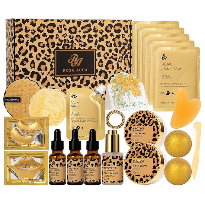 Leopard 23 Pcs Skin Care Set for Women, Bath and Body Set, Spa Gift Baskets, Birthday Gifts, Day Cream, Peptide Serum, Bath Oil, Sheet Mask, Clay Mask, Bath Bombs, Christmas, Valentines, Mother Day