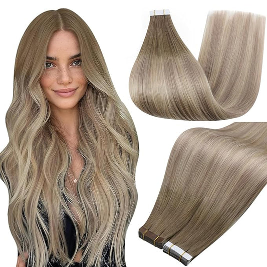 Full Shine Remy Tape in Hair Extensions Color 8 Ash Brown Ombre 60 Blonde And 18 Ash Blonde 18Inch Hair Extensions Real Human Hair Tape in 50Gram 20Pcs Add Length Seamless Natural Straight