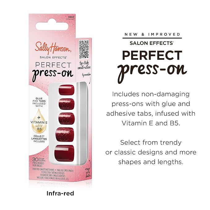 Sally Hansen Salon Effects Perfect Press-On Nails | Square Shape | Easy to Apply, Non-Damaging | 30 Nails, Nail Glue, Adhesive Tabs, File | Infra-Red