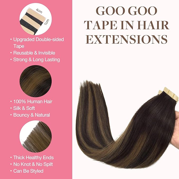 GOO GOO Tape in Hair Extensions Human Hair, 2/6/2 Balayage Dark Brown to Chestnut Brown, 12inch 40g 20pcs, Skin Weft Seamless Invisible, Silky Straight with Thick Ends, Remy Human Hair