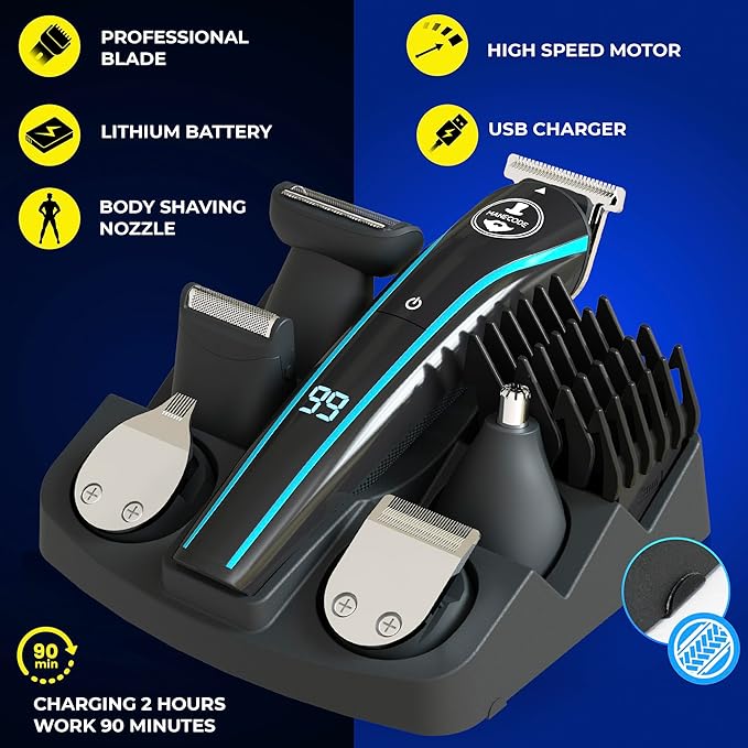 MANECODE® 11-in-1 Beard & Hair Trimmer for Men – Self-Sharp Blades® USB-C, Waterproof, LED Display Multi-Grooming Kit