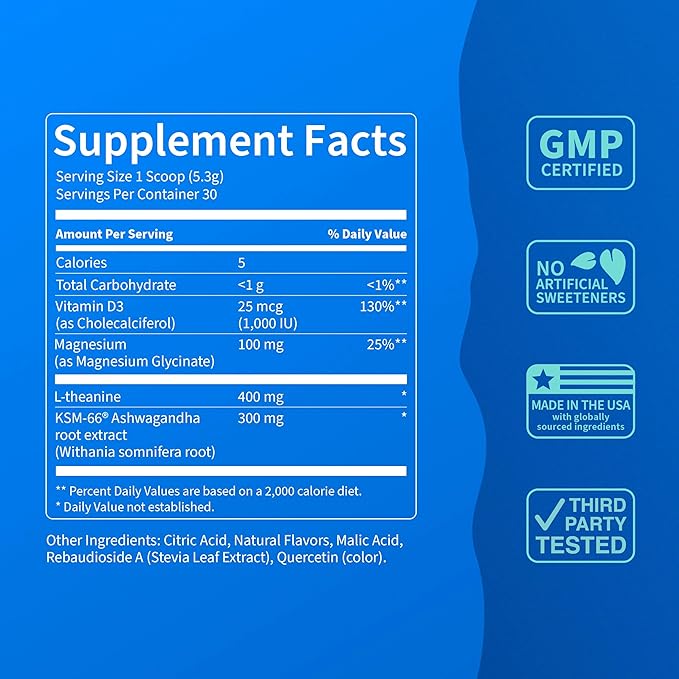 Nello Supercalm Powdered Drink Mix Tub, Cortisol Reducer* and Sleep Aid Supplement, L Theanine, Ksm-66 Ashwagandha, Magnesium Glycinate, Vitamin D 3, No Sugar, Non GMO, On The Go, 30 Ct, Lemon Lime