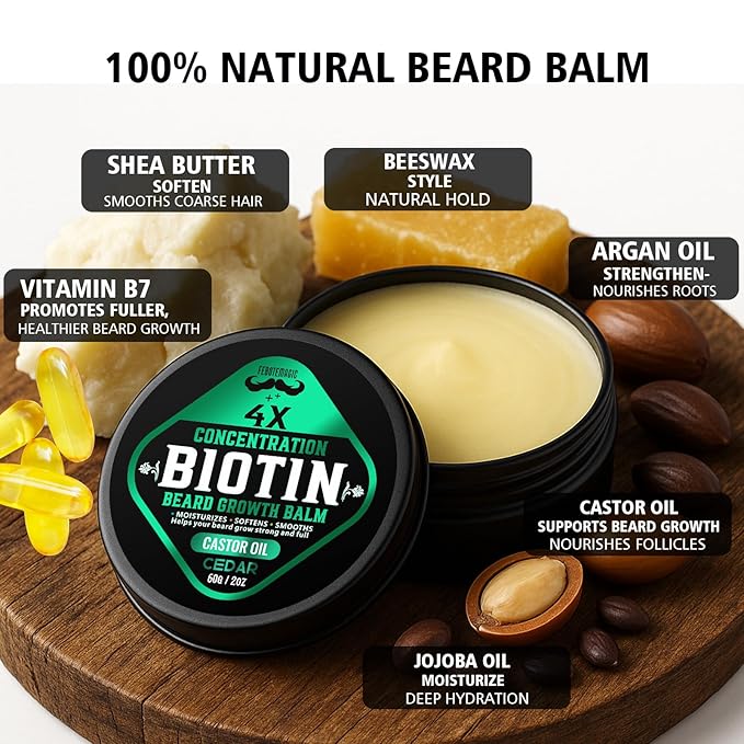 4X Concentration Biotin Beard Balm for Men – Natural Men's Grooming Butter with Castor, Shea & Jojoba Oil – Softens, Conditions & Styles – Non-Greasy Beard Growth Conditioner – 2 oz (Cedar)
