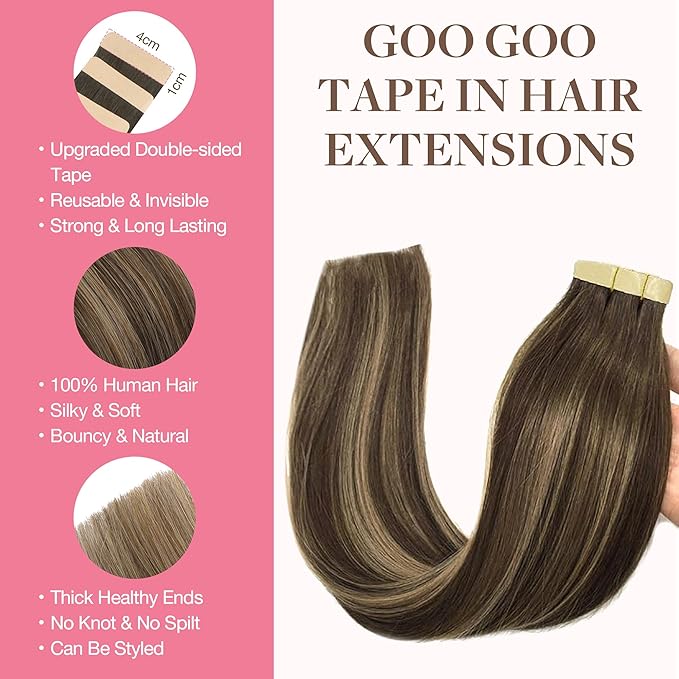 GOO GOO Tape in Hair Extensions Human Hair, 4/27/4 Balayage Chocolate Brown to Caramel Blonde, 10inch 30g 20pcs, Skin Weft Seamless Invisible, Silky Straight with Thick Ends, Remy Human Hair
