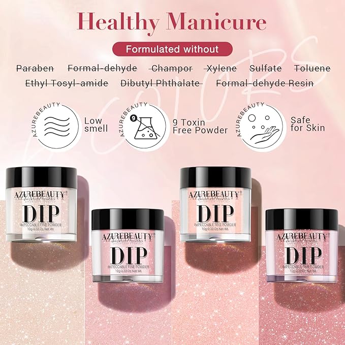 AZUREBEAUTY Jelly Dip Powder Nail Kit, Transparent Glitter Nude Pink Sheer Peach Neutral 4 Colors Dipping Powder Liquid Set with Base/Top Coat Activator for French Nail Art Manicure DIY Home Gifts