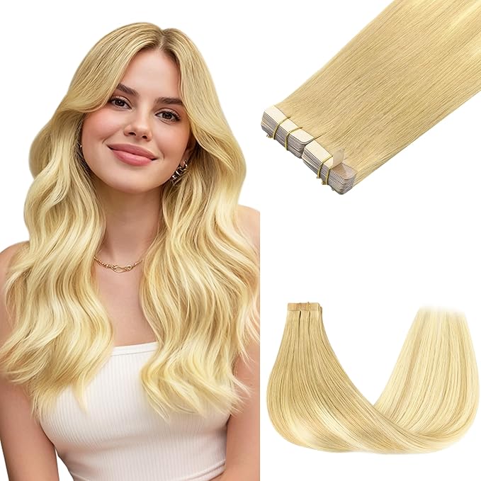 GOO GOO Tape in Hair Extensions Human Hair, 18AT60A Pearl Ash Blonde Highlights, 14inch 100g 40pcs, Skin Weft Seamless Invisible, Silky Straight with Thick Ends, Remy Human Hair