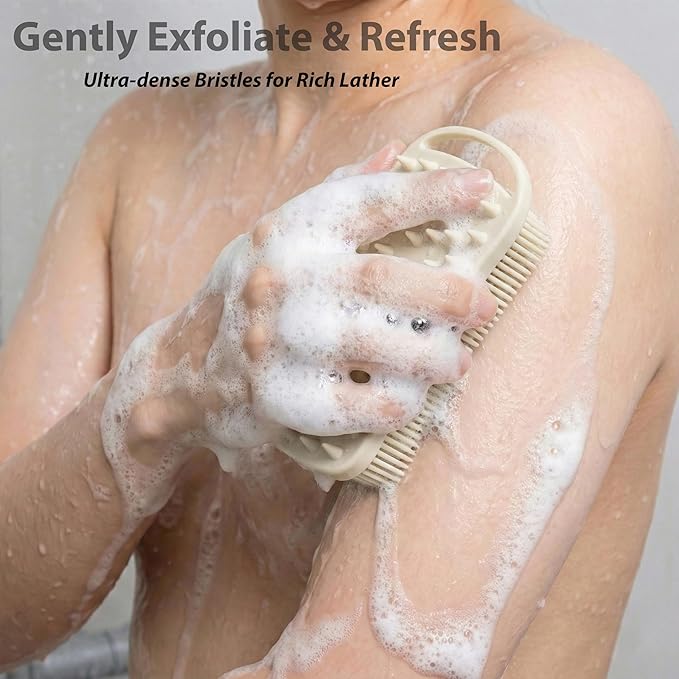 2 PC Silicone Body Scrubber, 2 in 1 Exfoliating Shower Bath Scrubber, Soft Silicone Loofah for Sensitive Skin, Shower Hair Scalp Massager, Easy to Clean, Lather Well (Grey&Blue)