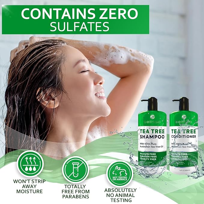 Tea Tree Shampoo and Conditioner Set – with 100% Pure Australian Tea Tree Oil - Anti Dandruff Sulfate and Paraben Free - Dry Scalp Treatment with Keratin, Vitamin B5, Collagen for Women and Men