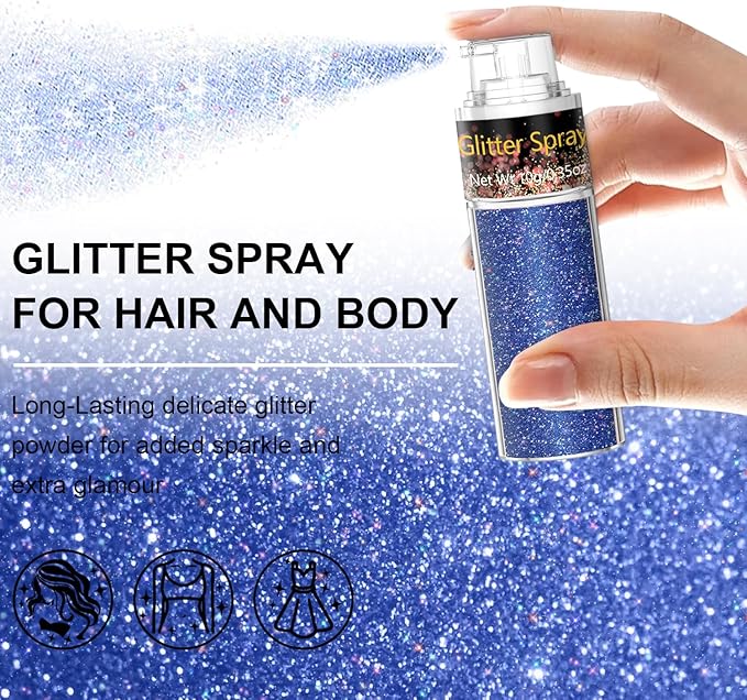 Hair and Body Glitter Spray, 1PC Glitter Hairspray Dry Powder Makeup for Clothes, Festival Rave Prom Loose Sparkle Powder,Holographic Ultra Fine Resin Glitters for Crafts (1PC Blue)