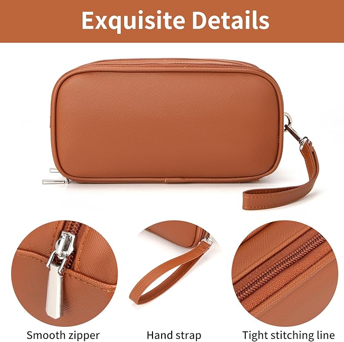 Makeup Bag for Women, Wide-open Makeup Organizer with Makeup Brush Holder, Waterproof Cosmetic Bag with Compartment, Portable Travel-Size Toiletry Bag for Traveling, Large Make Up Bag (Brown)