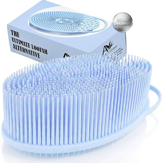 Avilana Silver Edition Exfoliating Body Scrubber - Silver-Ion Infused Silicone Bath Brush, ISO Tested Dual Sided, Stays Fresh Firm Bristles Smooth Rough Bumpy Skin Texture Loofah Alternative Women Men