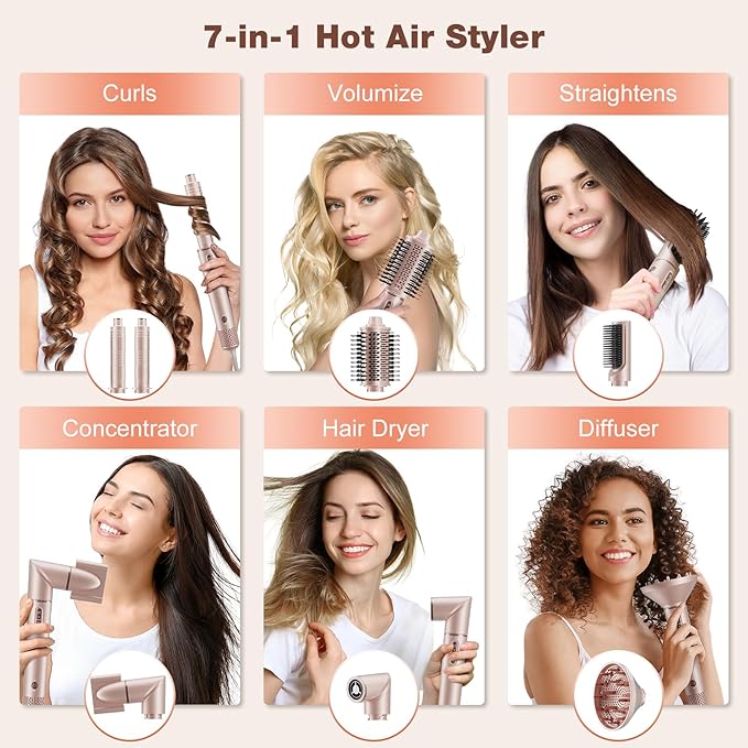 7MAGIC 7 in 1 Hair Styler & Hair Dryer Brush, 110,000 RPM High-Speed Blow Dryer with Negative Ions for Frizz-Free Styling Fast Drying Curling Volumizing Straightening, Hot Air Styler with Travel Case