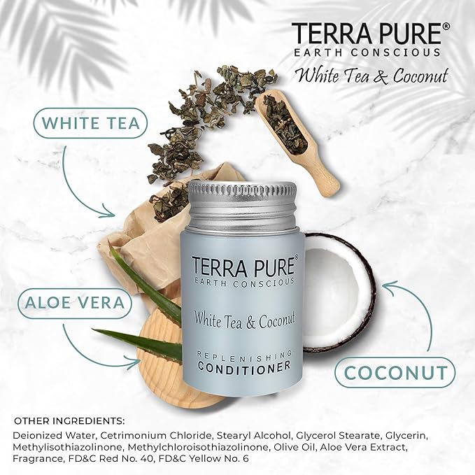 Travel Size Hotel Conditioner 100 Count 1oz Bottles Guest Amenities for Hotels Vacation Rentals & Short Term Rentals Paraben Free White Tea and Coconut Scent Infused with Aloe & Olive Oil | Terra Pure