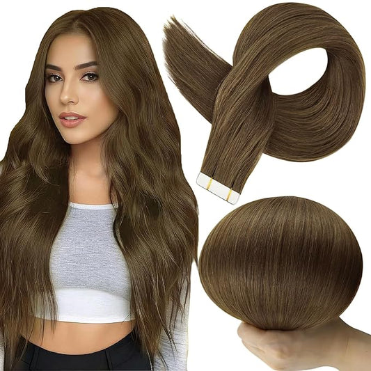 Full Shine Invisible Tape in Human Hair Extensions Color 3 Dark Brown Hair Extensions Tape in Seamless Tapes in Extensions 16Inch Soft Silky 50Gram Natural Straight Hair 20Pcs Remy Hair Extension