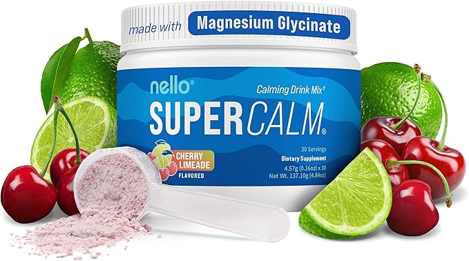 Nello Supercalm Powdered Drink Mix Tub, Cortisol Reducer* and Sleep Aid Supplement, L Theanine, Ksm-66 Ashwagandha, Magnesium Glycinate, Vitamin D 3, No Sugar, Non GMO, 30 Ct, Cherry Limeade