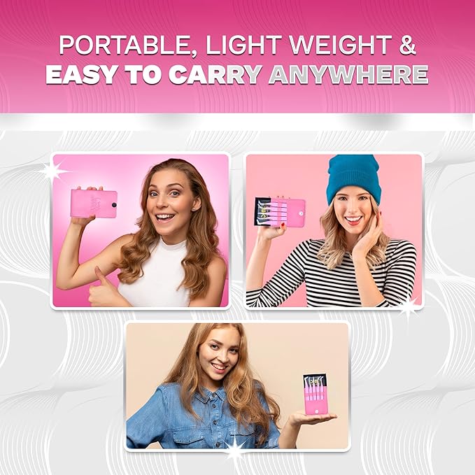 5 Pcs Fiber-Tip Japanese Steel Lash Tweezer Set with Leather Case, Professional Eyelash Tweezers for Lash Extensions – Titanium Coated, 90 & 45 Angled, Precision Pointed Tweezers (PINK)