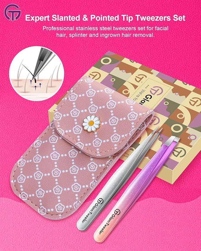 Expert Slant and Point Tip Tweezer Set with Exclusive Storage & Carrying Case, GlamTweeler Sharp & Precision Tweezer Set for Eyebrows, Facial Hairs and Fine Hairs Removal (Sparkle Violet + Silver)