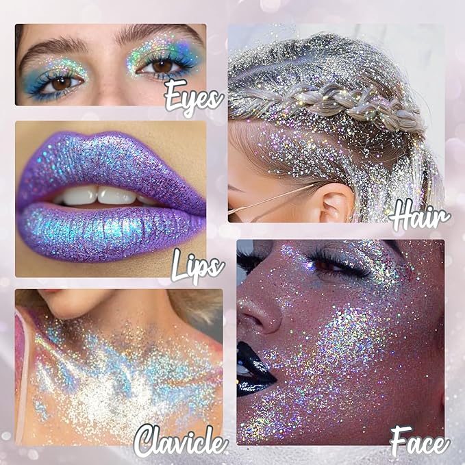 CAHOTO Silver Rolling Glitter for Face Body & Hair, Sparkling Holographic Chunky Shimmer, Roll-on Sequins for Singer Concert Rave Festival Halloween Party Carnival, 1.35fl.oz