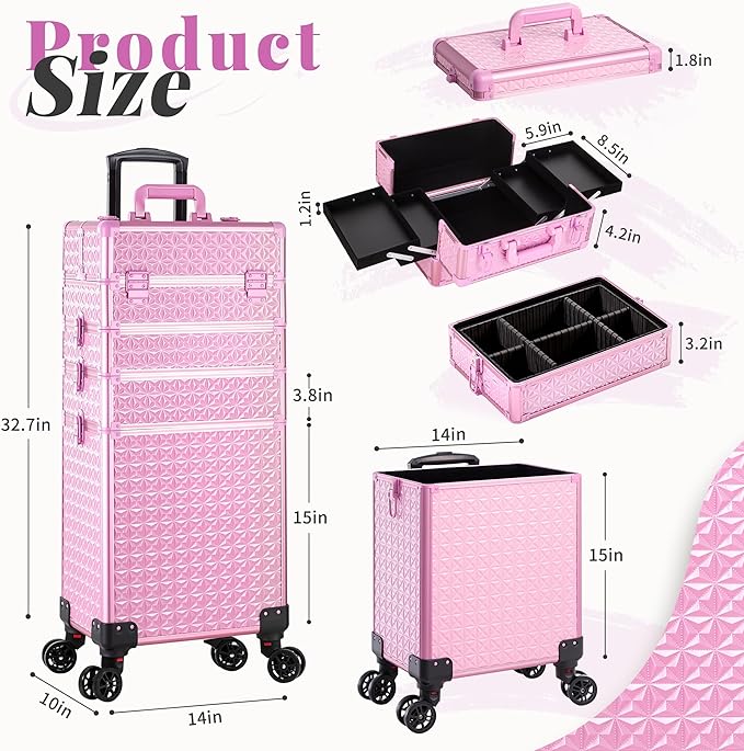 AROUS 5 in 1 Rolling Makeup Train Case Cosmetology Case on Wheels Large Cosmetic Organizer Travel Cart for Hairstylist Artist Nail Beauty Salon Barber,All Pink