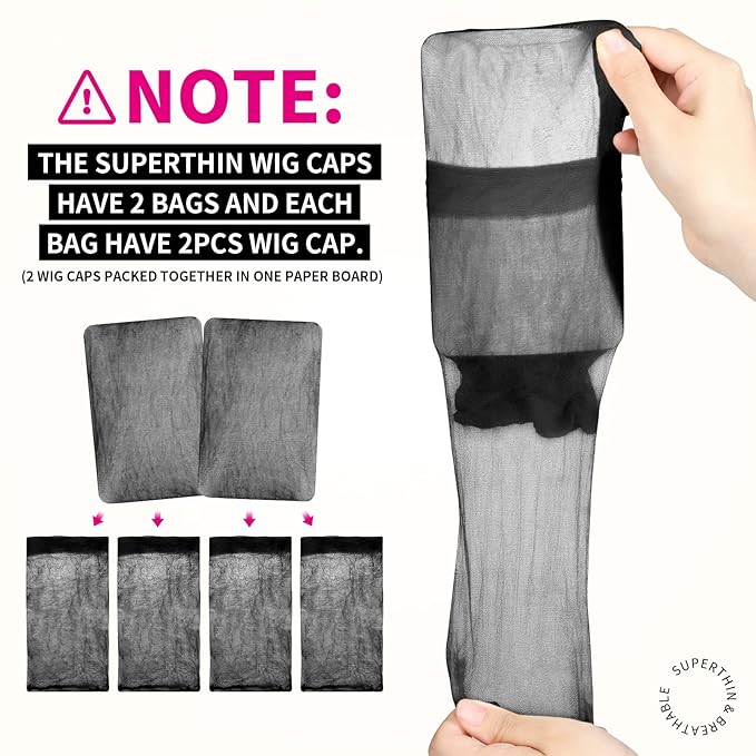 Fandamei HD Wig Caps Super Thin, 4PCS Ultra Thin Black, Nylon Wig Cap for Women Stretchy, Natural Transparent HD Wig Caps for Lace Front Wigs. Summer Wear Comfortable Wig Cap(Black)