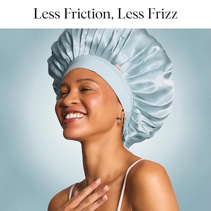Kitsch XL Satin Bonnet for Sleeping - Softer Than Silk Hair Bonnet for Women - Secure Fit, Adjustable Night Cap for Curly & Textured Hair - Prevents Breakage, Tangles & Thinning- Haze Blue
