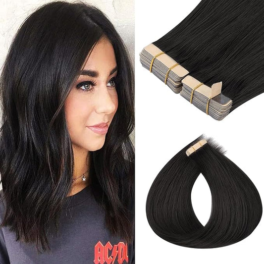 GOO GOO Tape in Hair Extensions Human Hair, 1B Natural black, 10inch 60g 40pcs, Skin Weft Seamless Invisible, Silky Straight with Thick Ends, Remy Human Hair