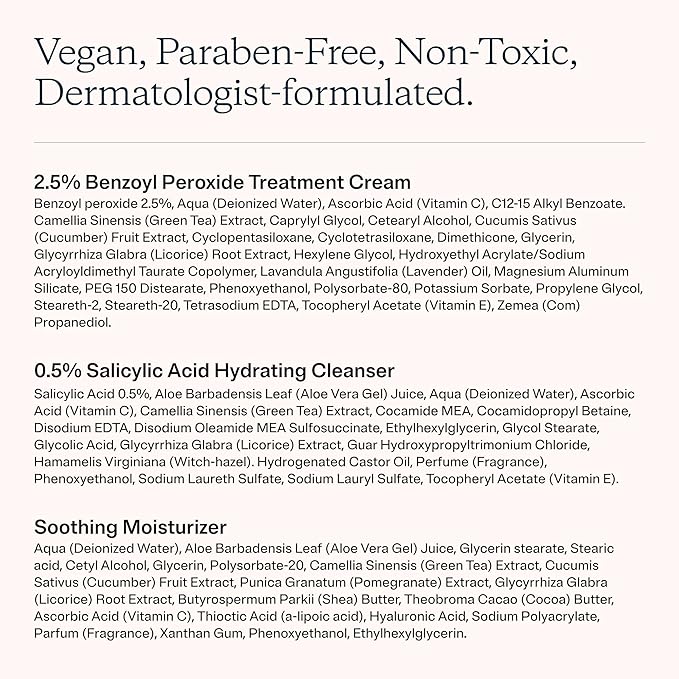 MDacne 3 Step Face Acne Treatment Kit, Benzoyl Peroxide Cream 2.5%, Salicylic Acid Cleanser, Niacinamide Moisturizer – Medicated Plant-Based Skincare for Adult & Teen Acne, 30 Day Kit